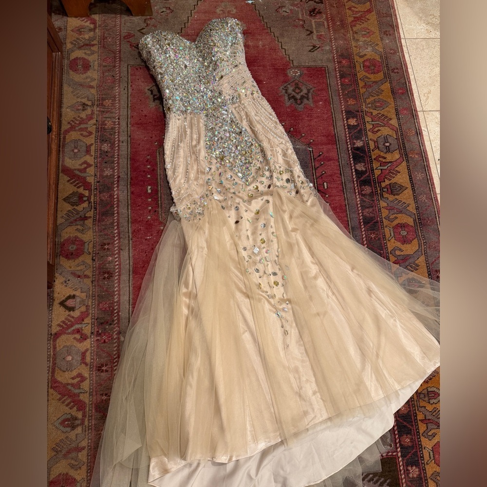 Stunning Strapless Beaded Rhinestone Mermaid Evening Gown